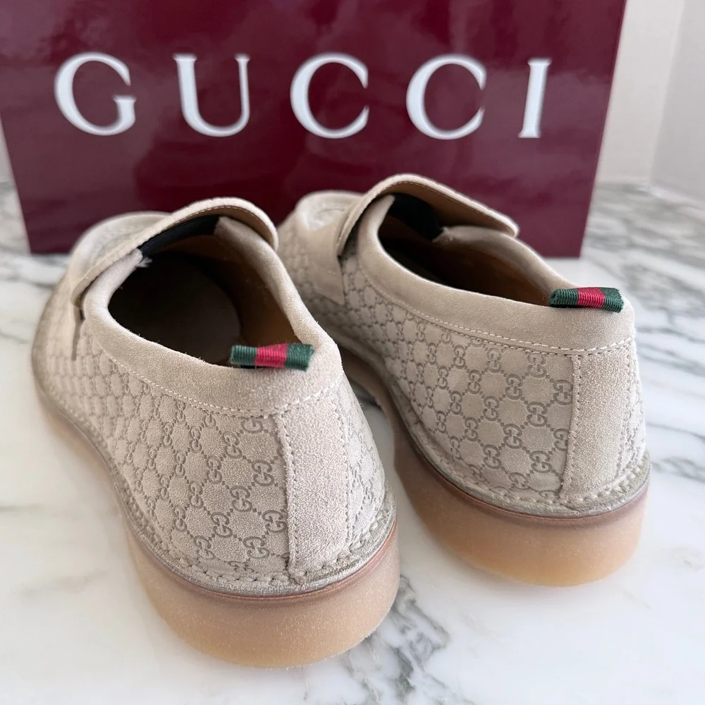 GUCCI GG Moreau Moccasin Tan Suede Loafer Shoe Penny Strap, G 8+